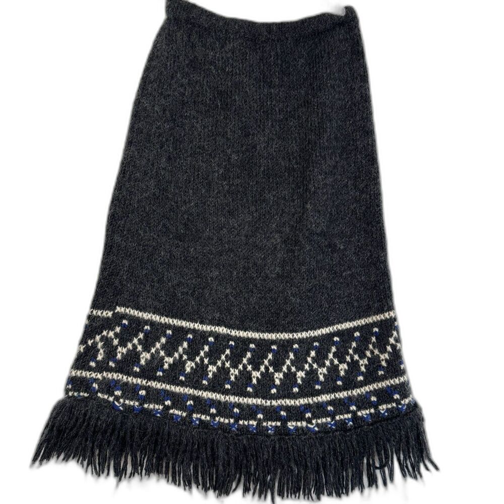 Free People Fuzzy Fringe Knit Midi Skirt M Gray Fair Isle Wool Blend Boho